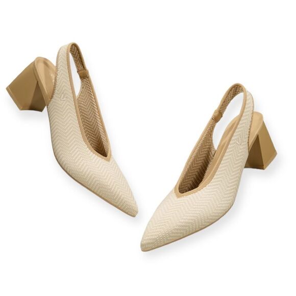 Vivaia Ivory Chevron Pointed-Toe Sling-Back Mesh Breathable Knit Texture Lining